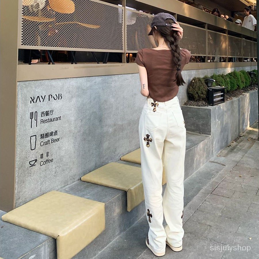 Jeans wanita musim gugur baru pinggang tinggi lurus ramping lebar kaki celana longgar