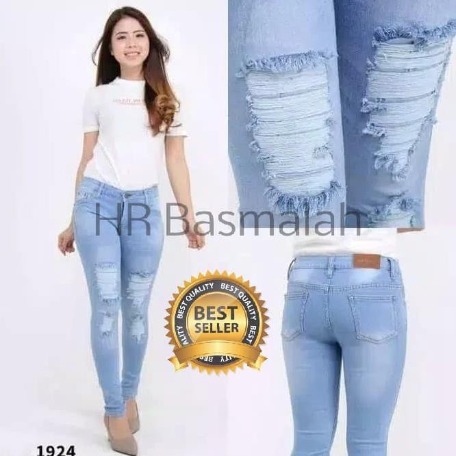yjqr celana levis cewek ripped jeans wanita stretch panjang sobek termurah - biru jeans 5up7