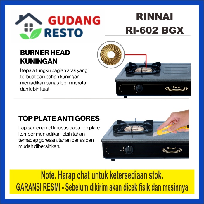 RINNAI RI 602 BGX / RI 602BGX / RI602 BGX KOMPOR GAS LPG 2 TUNGKU / MATA API TORNADO CLEAN SERIES