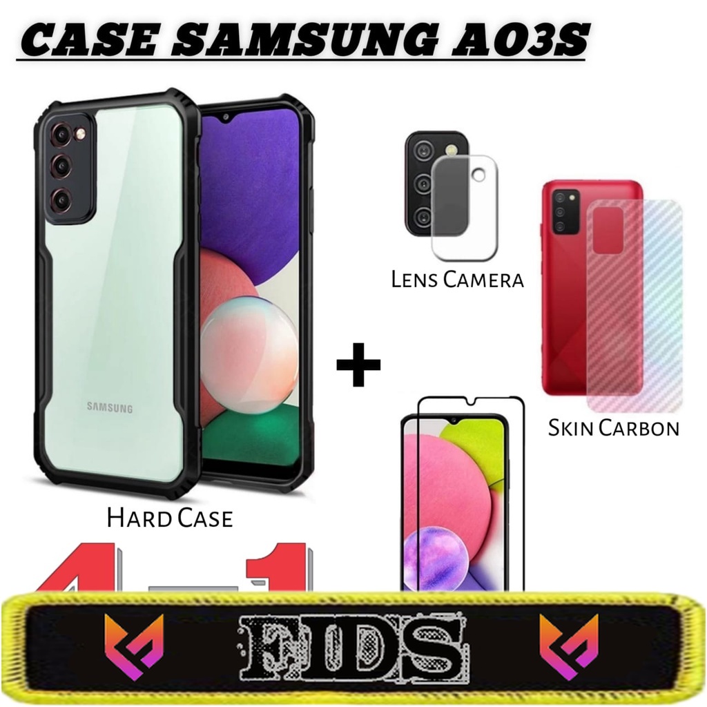 (PROMO PAKET) 4in1 Casing SAMSUNG A03S Hard Case Armor Fusion FREE Tempered Glass Layar &amp; TG Camera &amp; Skin Carbon Handphone