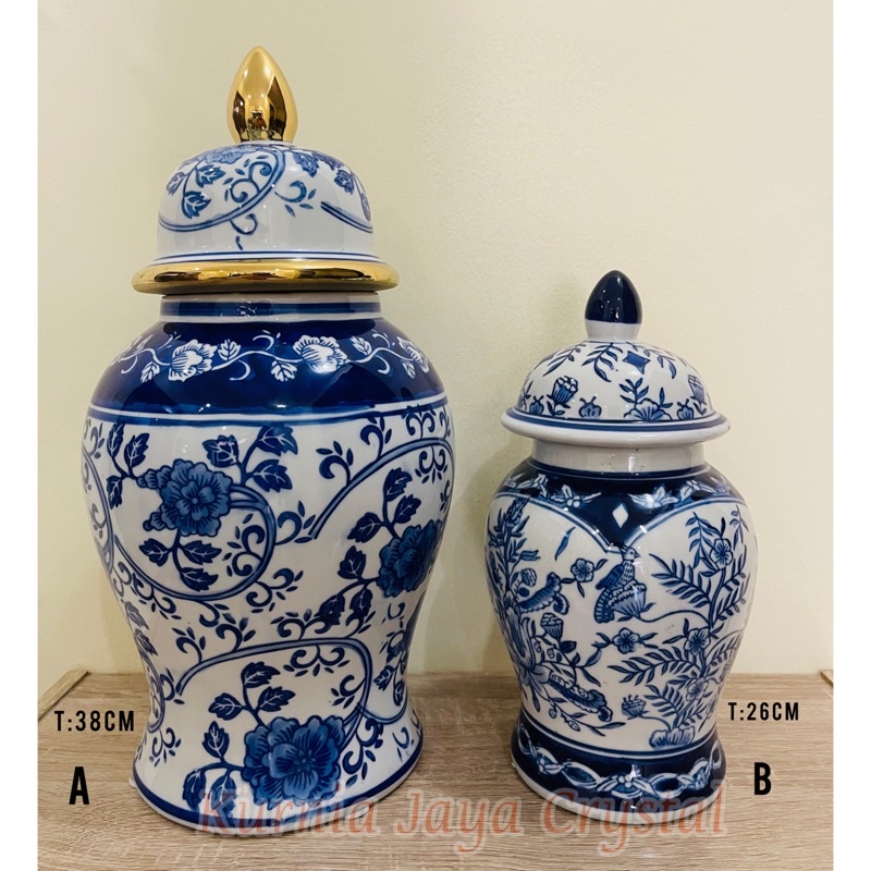 Toples Keramik Biru Putih List Gold/ Toples Keramik motif Burung Biru Putih