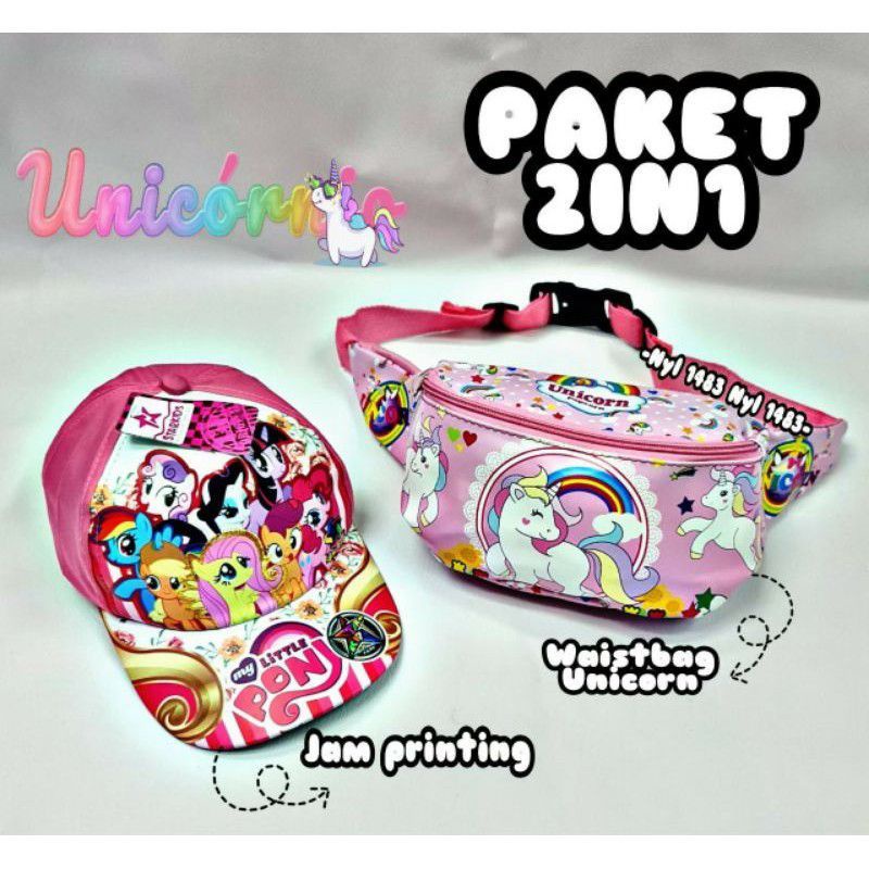 0Waistbag anak karakter unicorn 2in1 - tas + topi tas selempang anak perempuan tas boba