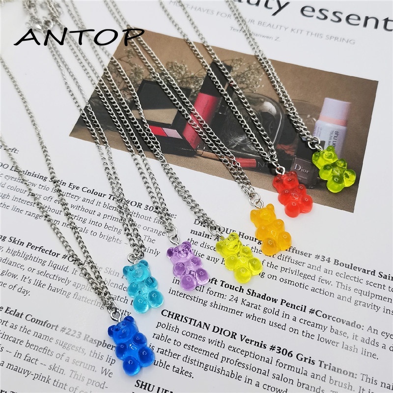 Transparan Beruang Bulat Rantai Kalung Liontin Resin Kartun Warna Cerah Fashion Jewelry ANTOP