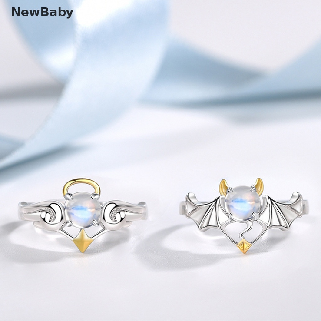 Newbaby 2022 Cincin Pasangan Desain Angel Devil Moonstone Warna Silver Untuk Priawanita