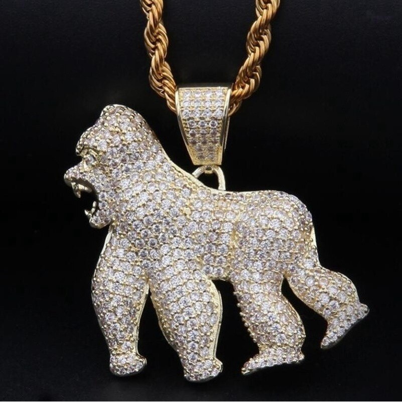 Men Hip Hop Fashion Full Rhinestone Bull Head Pendant Necklace Sparkling Ice Out Stainless Steel Gold Necklace