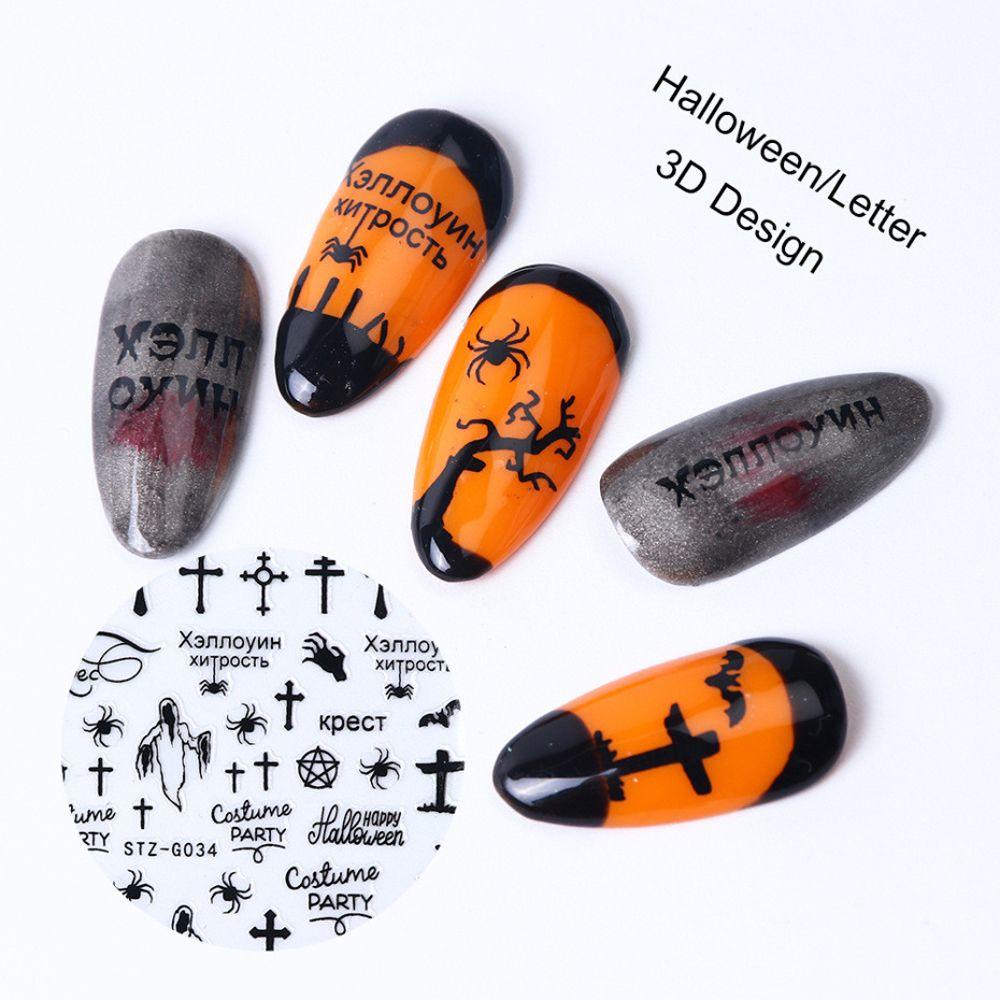 AUGUSTINA Agustina Halloween Stiker Kuku Wanita Hitam Perekat Diri Spider Tengkorak Penyihir 3D Kuku Decals