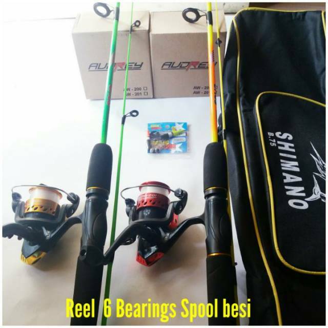 2 Set Pancing 6 Bearings Spool besi joran sambung 1.2cm + tas kekuatan 6 Kg