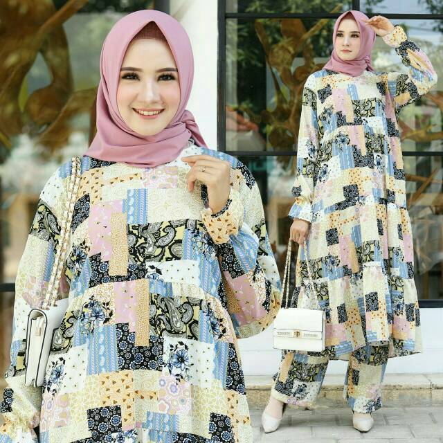 baju setelan celana dan tunik motif cantik/setcel Busui/setcel jumbo/bahan maxmara Lux premium impor
