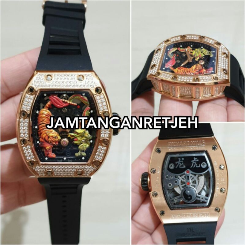 JAM TANGAN PRIA RM AUTOMATIC MESIN SWISS RING ROSEGOLD FULL PERMATA