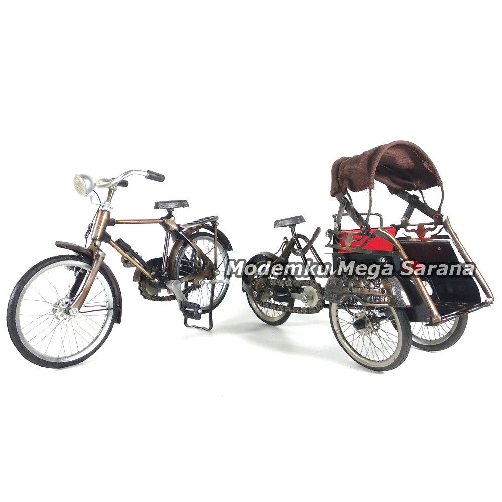 Paket Isi 2 - Miniatur Becak Besi &amp; Miniatur Sepeda Onthel Laki