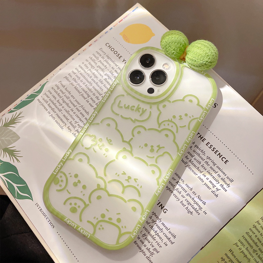 IPHONE Musim Panas Hijau Muda Kartun Beruang Dengan 3D Busur Ponsel Case Cover Untuk Iphone7 8 PLUS X XR XS 11 12 13 14 MINI PRO MAX SE 2020