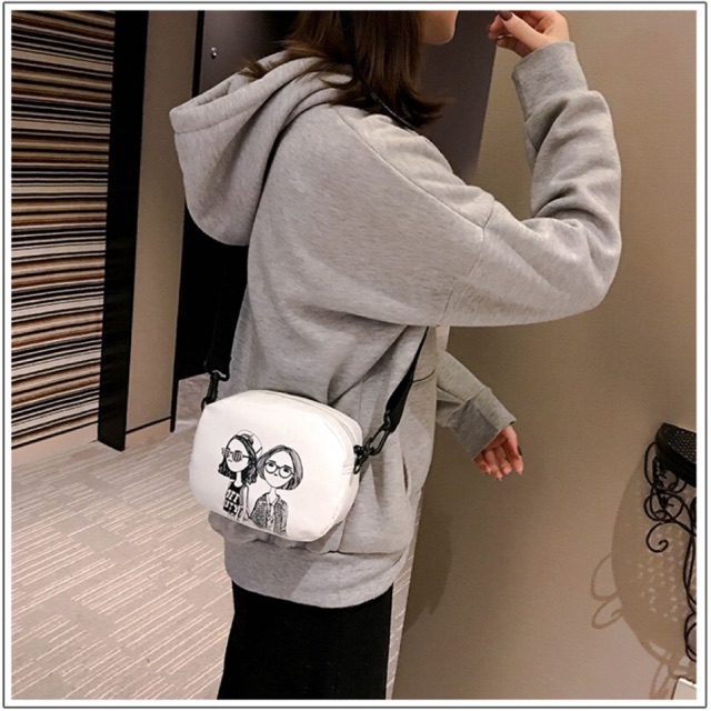 LJY27 Tas Wanita Korea Selempang Leather Shoulder Bag Hitam Putih Black White TKM