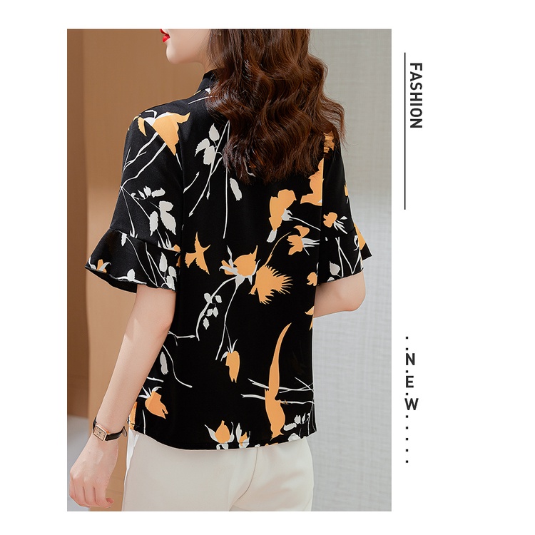 COD New 2022 Fashion Korean Floral Summer Short Sleeve Shirts Black White Women Blouse Tops Blus Wanita Lengan Pendek