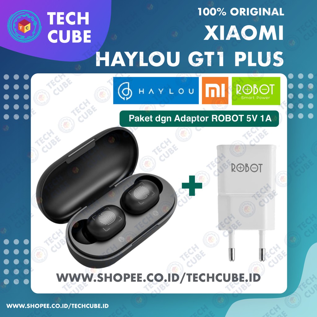 Haylou GT1 Plus TWS Wireless Earphone Bluetooth 5.0 Touch-Hitam Adaptor