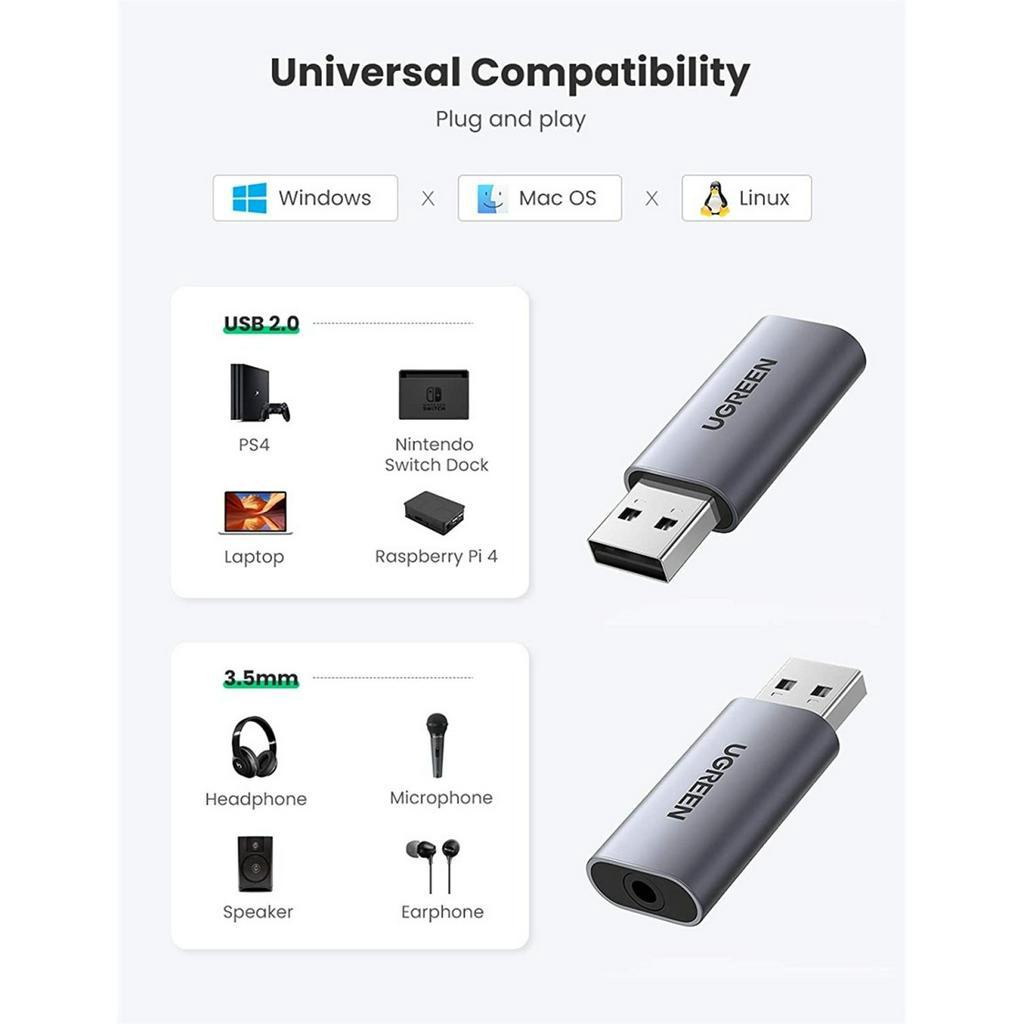 UGREEN Sound Card Eksternal USB to 3.5mm Untuk Komputer Laptop Nintendo Switch