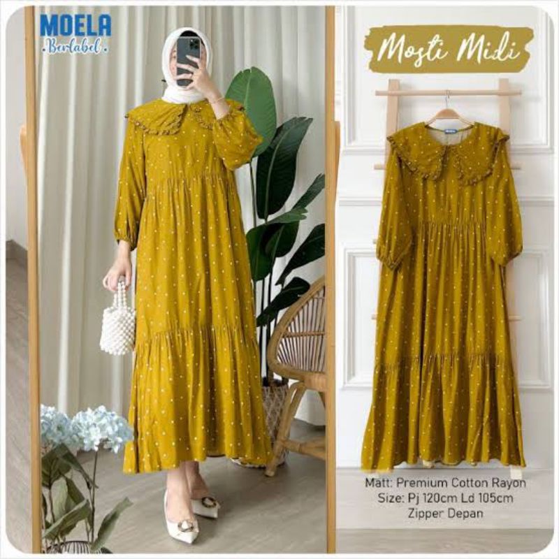 MOELA MORI MIDI LONG TUNIK RAYON RENDA LINDA MIDI DRESS/LONG TUNIK HITAM KERAH RENDA DAILY OUTFIT OO