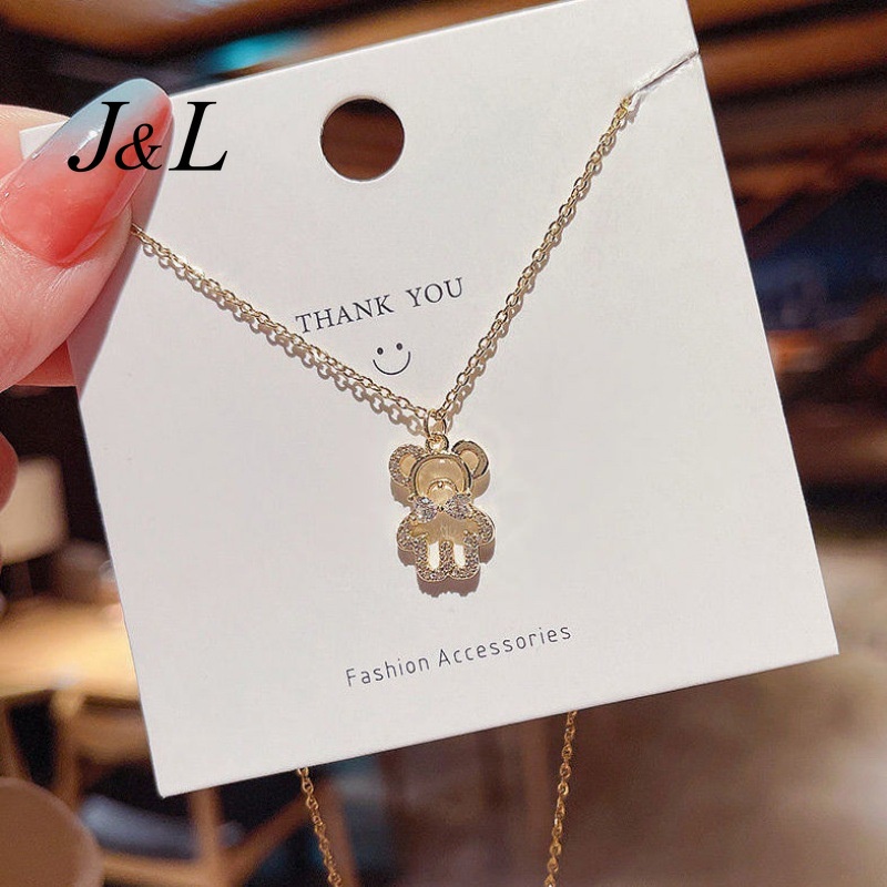 Fashion Necklace Jewelry Newest Alloy Gold Zircon Bowknot Rhinestone Bear Pendant Necklace
