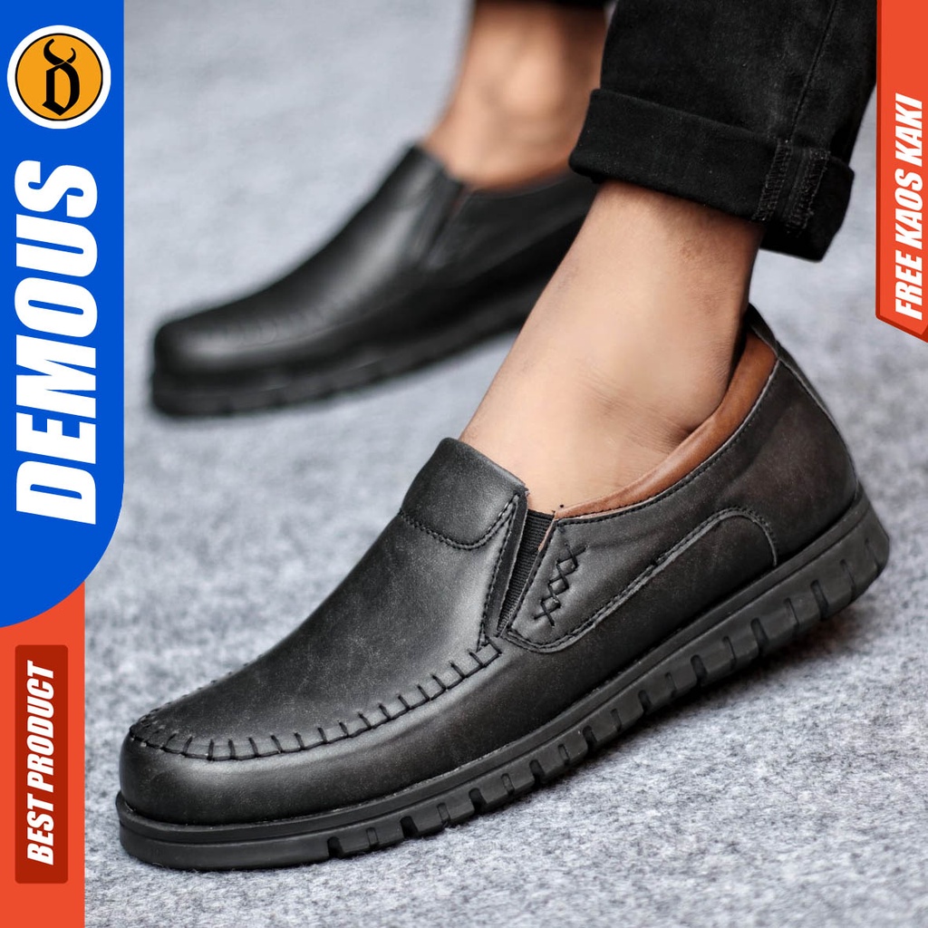 Sepatu Formal Casual Pria Slip On Kulit Pu Pantofel Kerja Kantor Hitam Demous Blena