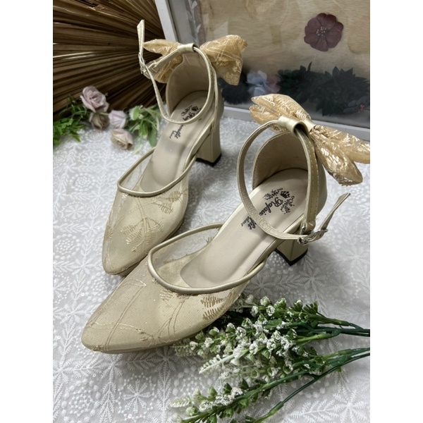 sepatu Rafaizoutfit valia model pita warna gold tinggi 7cm