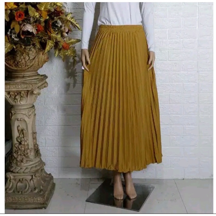 GS-ROK PLISKET PREMIUM /ROK PANJANG MUSLIM/ ROK MAYUNG BAHAN HYGET PREMIUM GRADE A-KUNING TUA