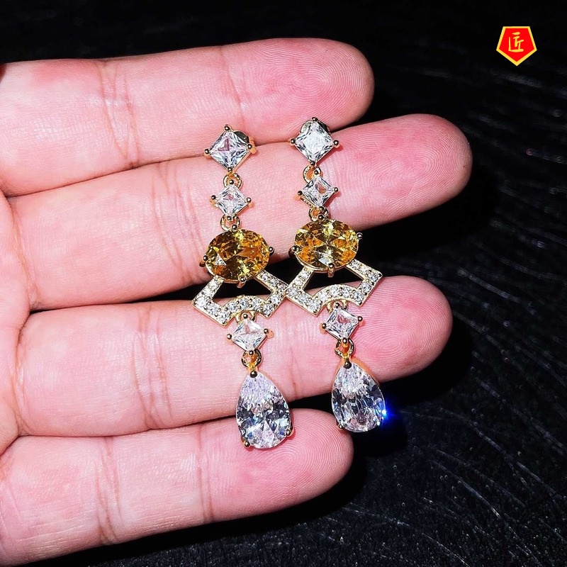 [Ready Stock]S925 Silver Exaggerated Long Yellow Gem Earrings