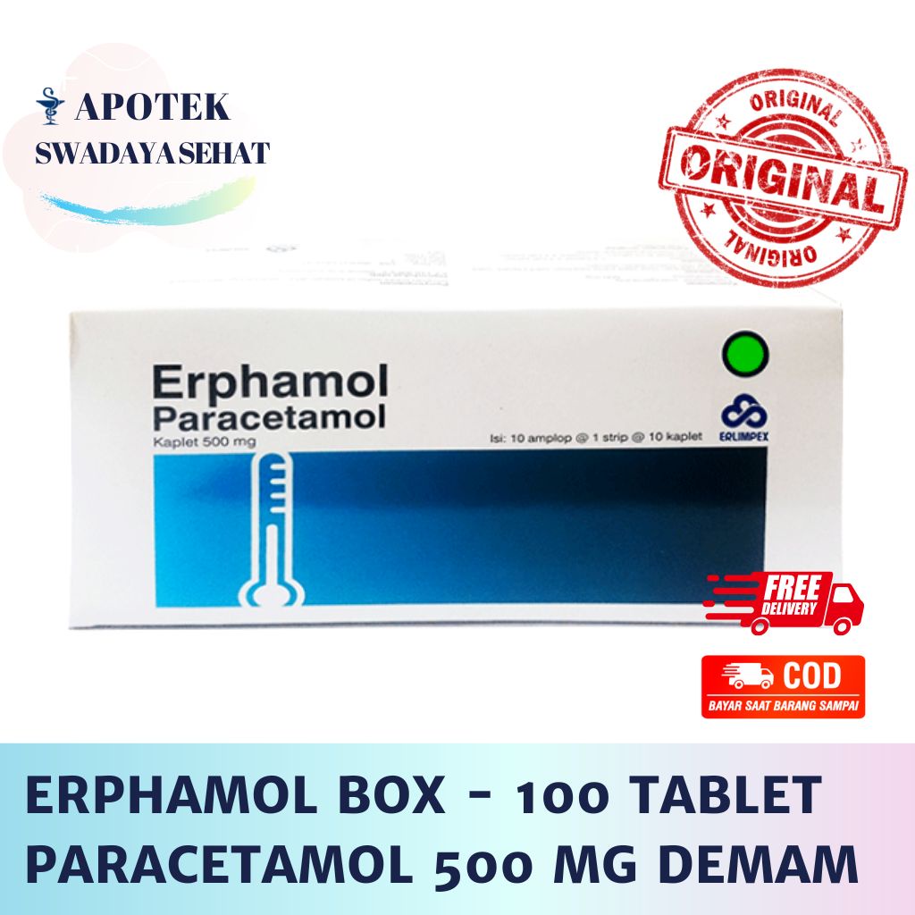 ERPHAMOL BOX ISI 100 Tablet - Obat Demam Sakit Kepala Paracetamol 500 MG Parasetamol 10 Strip