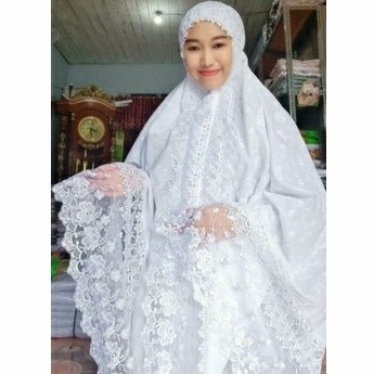 Mukena Setelan Katun Jepang Pengantin Renda Tile Cantik Dewasa Jumbo Putih Bersih Free Tas / Mukenah