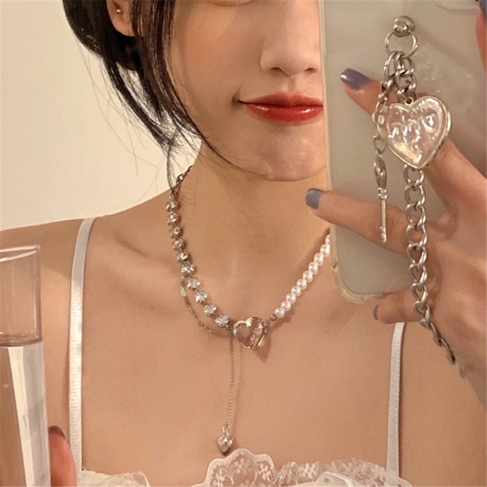 Kalung Rantai Klavikula Hias Liontin Hati Mutiara Berlian Imitasi Gaya retro Perancis Untuk Wanita