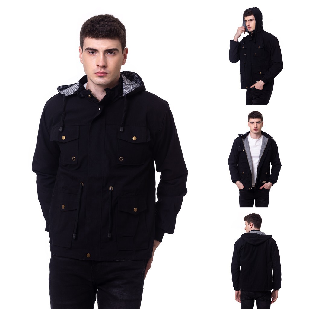 (BISA COD) Parka cowok canvas fullblack / Jaket Parka cowok Korean Style / Jaket Riding polosqu.id