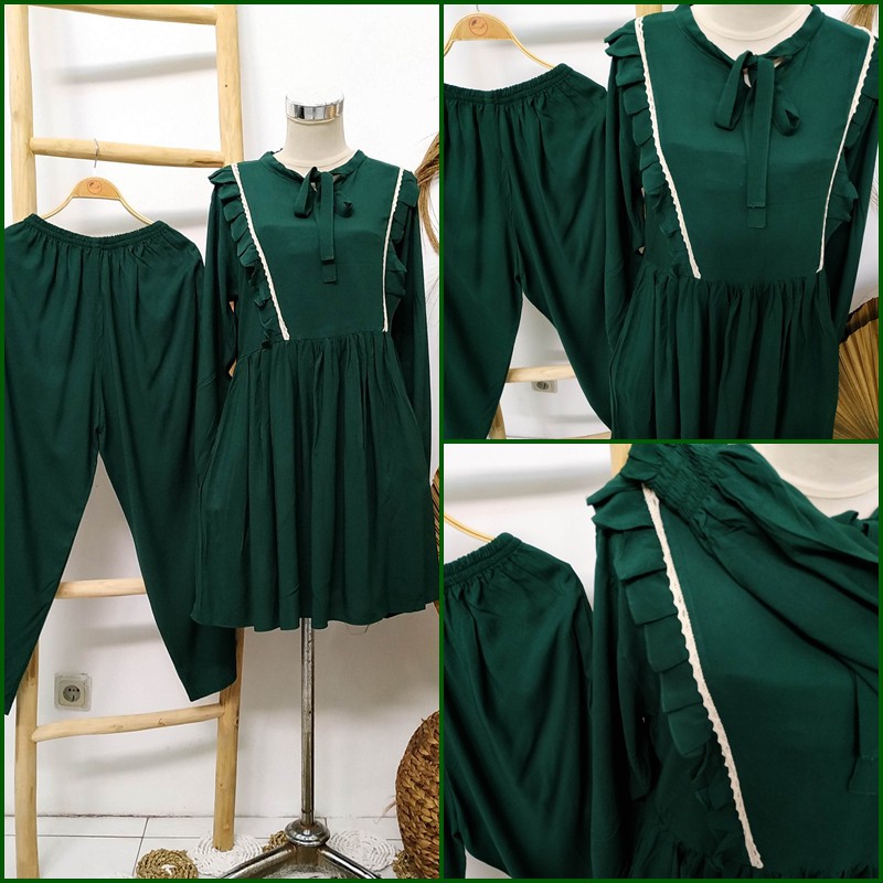 one set rayon premium polos pendek busui setelan rempel dada lengan panjang LD 110 cm