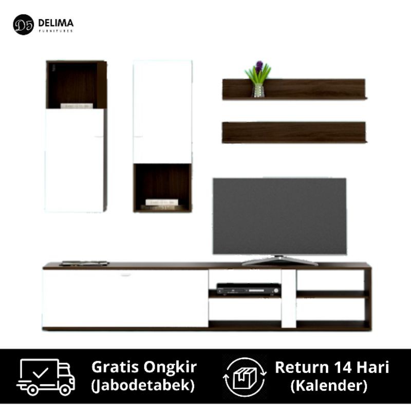 Set Rak TV / Meja TV dengan Kabinet Dinding Rak Ambalan, White Brown