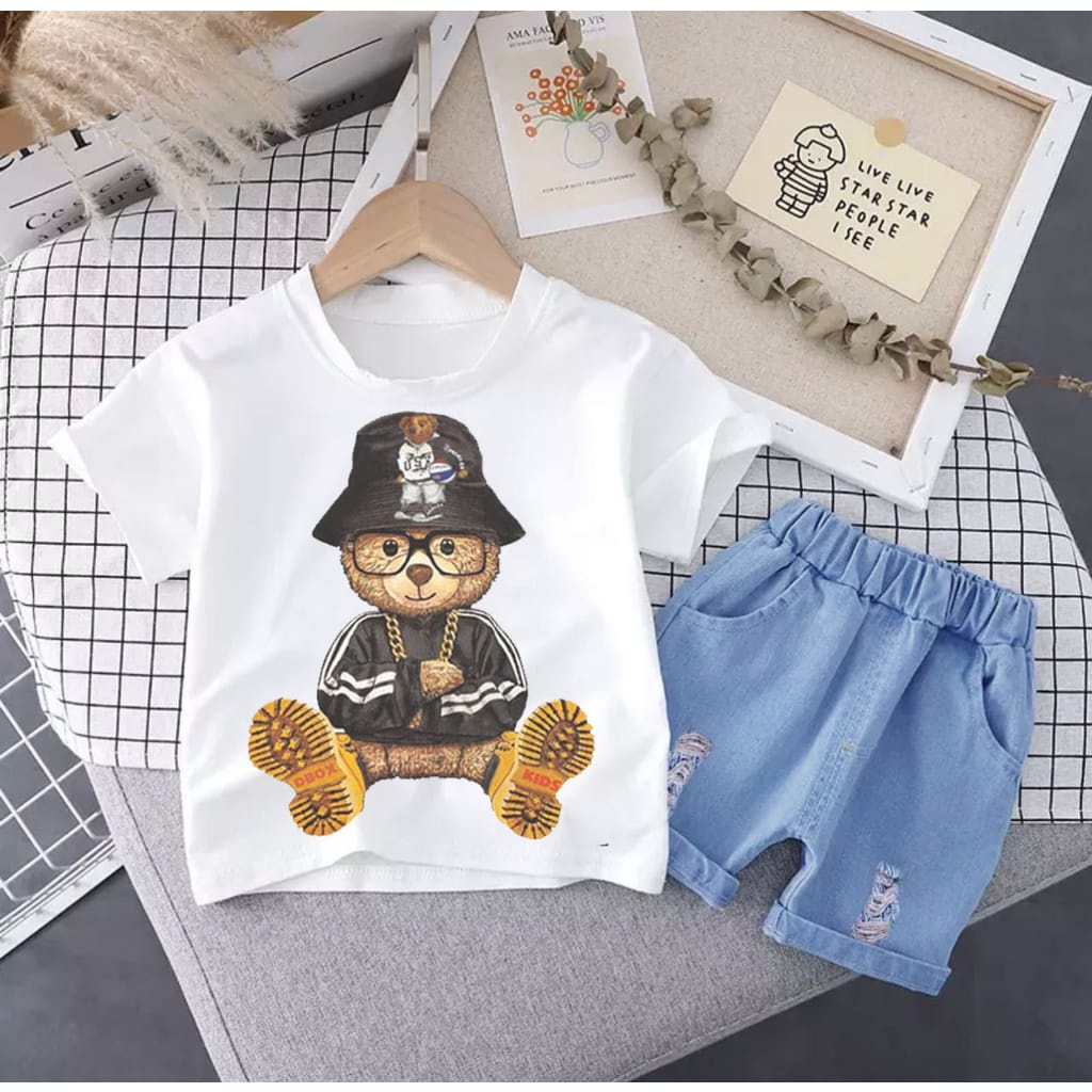 SETELAN ANAK SETELAN KAOS CELANA PENDEK DENIM UMUR 1-5 TAHUN