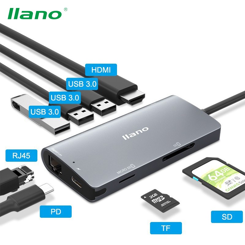 

llano HUB USB Type-C to HDMI / USB 3.0 / Card Reader / RJ45 / PD Converter