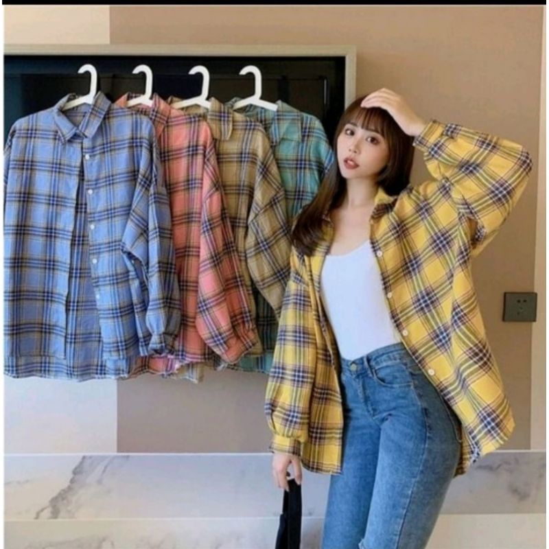 KEMEJA OSLIN KOTAK KOTAK KASUAL OVERSIZE WANITA - KEMEJA OVERSIZE WANITA KOREA