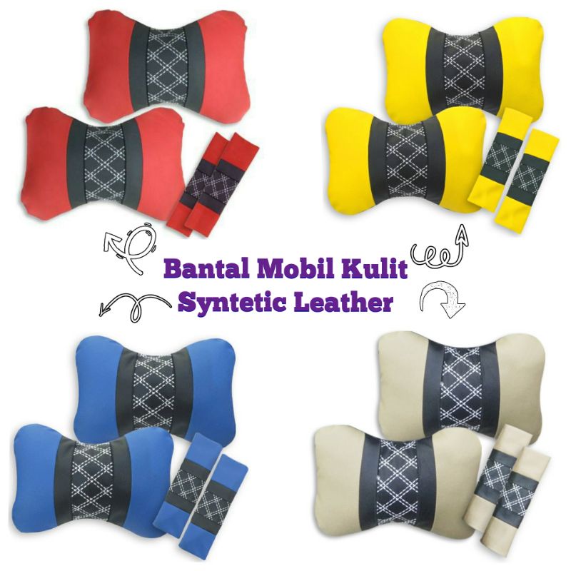 Satu set Bantal Mobil Kulit Headrest Seatbelt