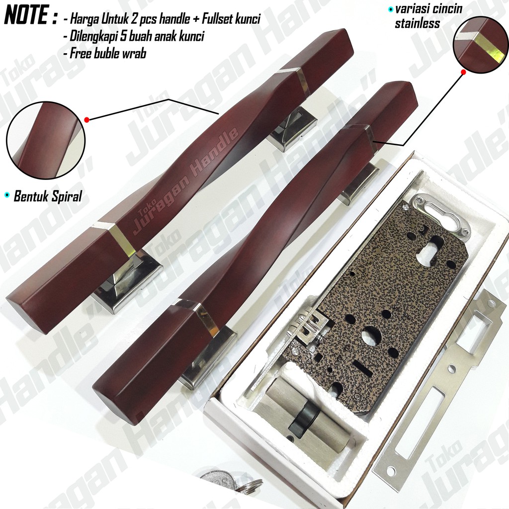 satu set gagang pintu dan kunci rumah handle pintu unik model spiral mahoni body pelor tarikan pintu minimalis