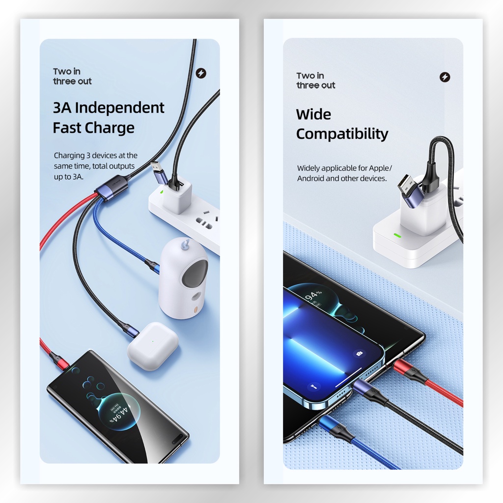 USAMS U71 Kabel Charging USB + Type-C to Triple Head 3A (Max)