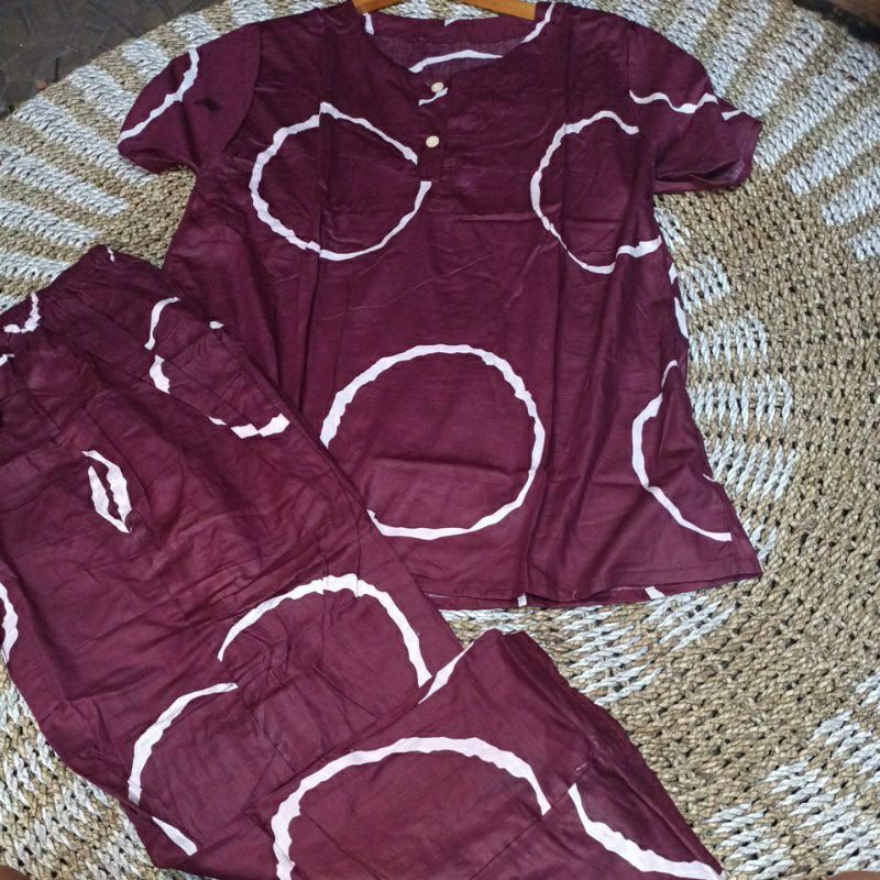 PREMIUM BAJU TIDUR PIYAMA PAJAMAS ONE SET RAYON VISCOSE TIE DYE MOTIF-Maron