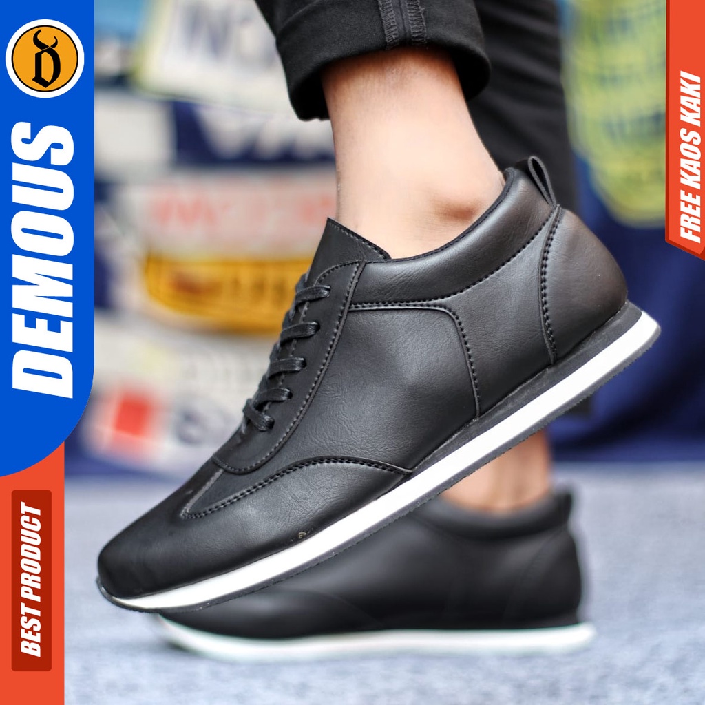 Sepatu Casual Pria Sneakers Hitam Kasual Kulit Pu Kekinian Kerja Kuliah Kantor Fashion Shoes Terbaru DEMOUS RONERO