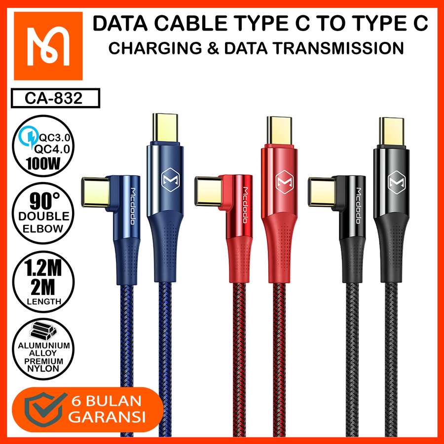 MCDODO CA-832 Cable Charger Gaming 90 Degree PD Type C To Type C Fast 100W Kabel Charging Gamer Type C to Type C Fast Charging