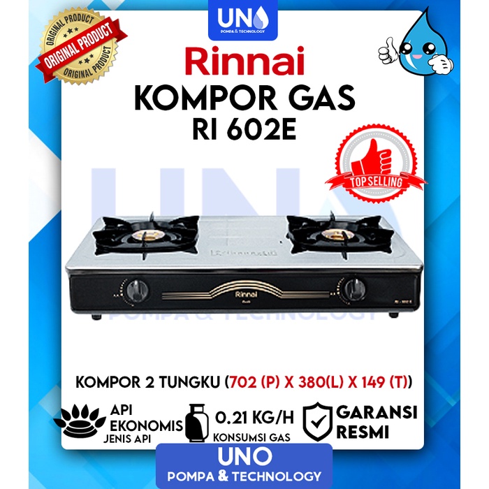 Rinnai Kompor Gas Stainless Steel 2 Tungku Api Ekonomis RI 602 E / RI-602 E / RI602E