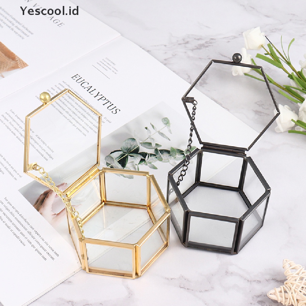 Kotak Holder Penyimpanan Perhiasan Cincin Bentuk Geometrik Bahan Kaca