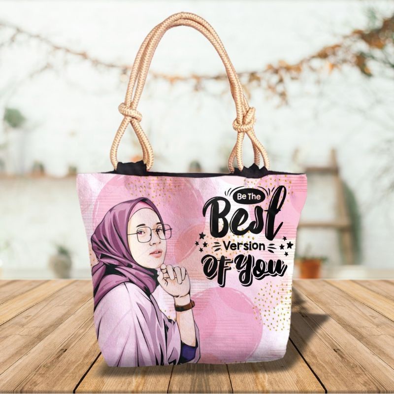 Tas tote bag tali sumbu/hijab motif print