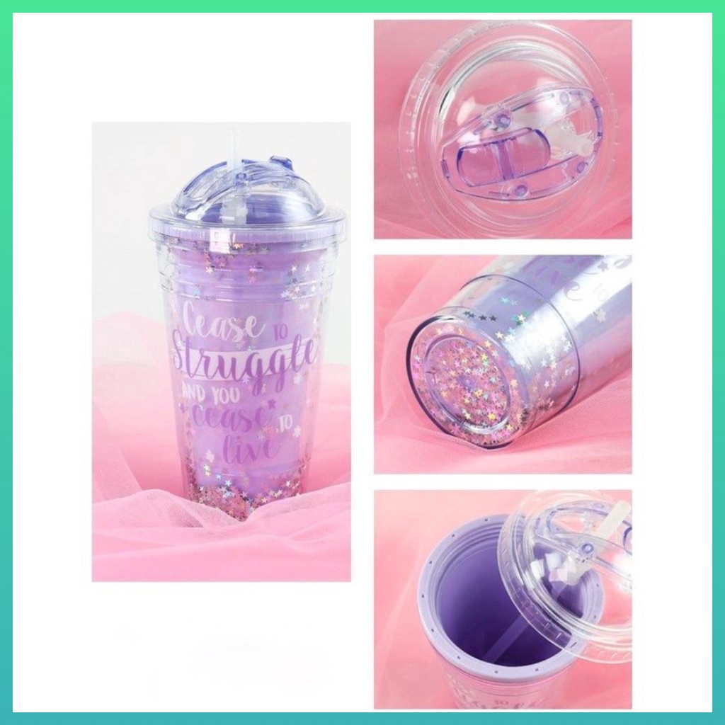 Botol Minum + Sedotan Glitter Tumbler Cups Blink Gelas Botol Minum Air Sedotan 450ml SH-6