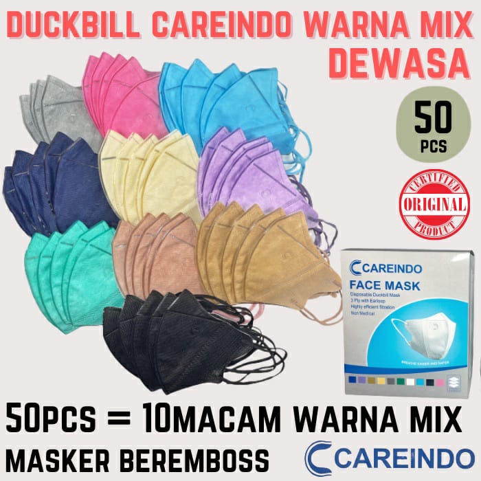 Masker Careindo Duckbil Garis Campur Warna 1 Box isi 50pcs | Duckbill Mask 1Box 50 pcs