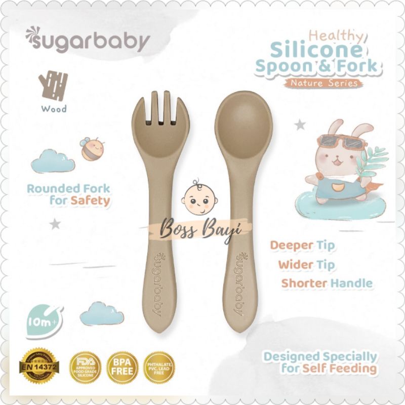 SUGARBABY Healthy Silicon Spoon &amp; Fork Nature Series /Sendok Garpu Silikon Bayi Anak Sugar Baby