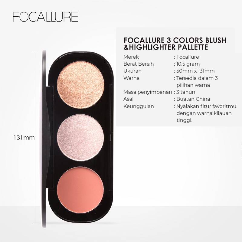 FOCALLURE Blush &amp; Highlighter Palette Face Makeup 3 Colours