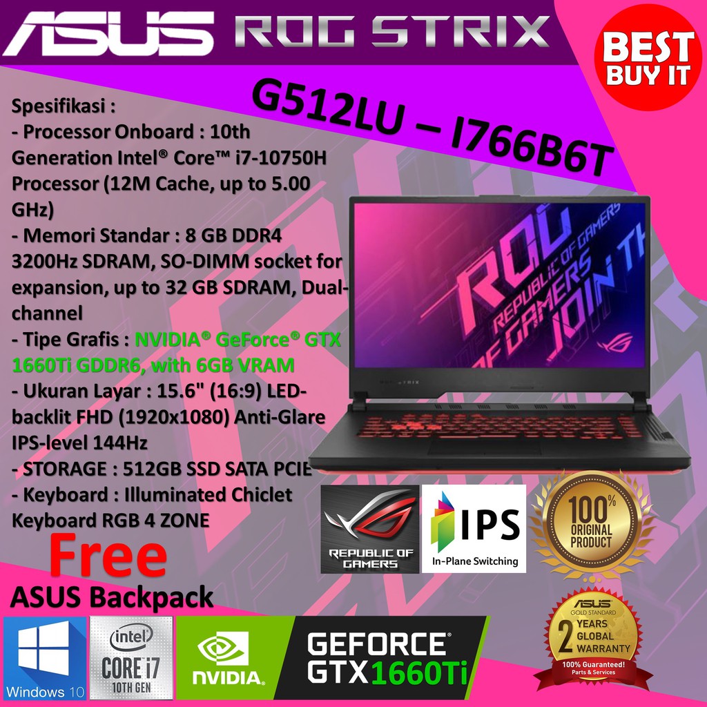 ASUS ROG STRIX G512LU-I766B6T i7-10750H 8GB 512GB GTX1660Ti 6GB 144Hz