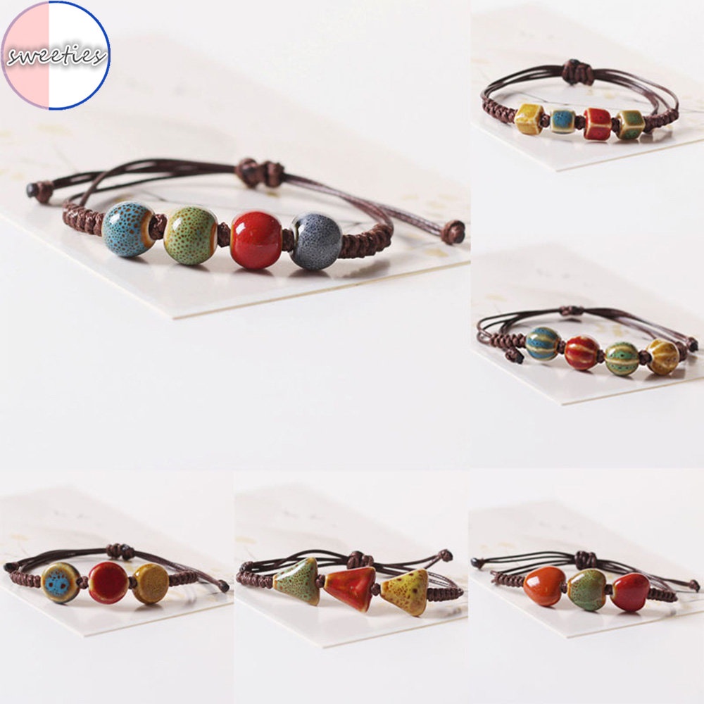 Gelang Tali Anyam Tangan Gaya Retro Elegan Dengan Charm Keramik Bulatkotak Untuk Wanita