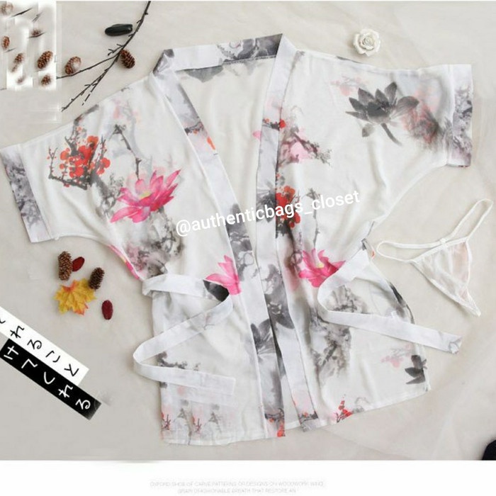 Lingerie Kimono Set With G String - Putih Abu